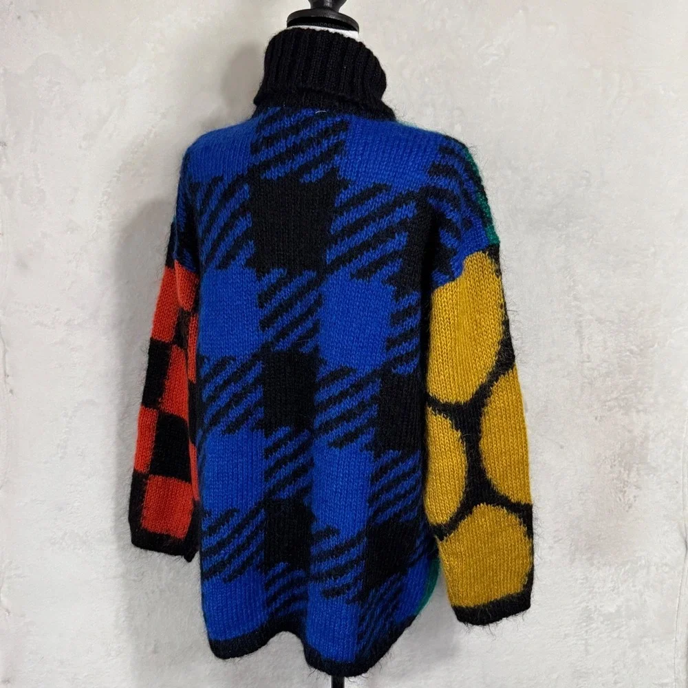 NWT Vintage Fuzzy Mohair Turtleneck Sweater M L Bold Colorblock‎ Plaid Graphic